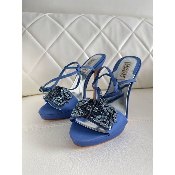 Badgley Mischka blue satin embellished beaded heels, size 7.5 - Picture 4 of 7